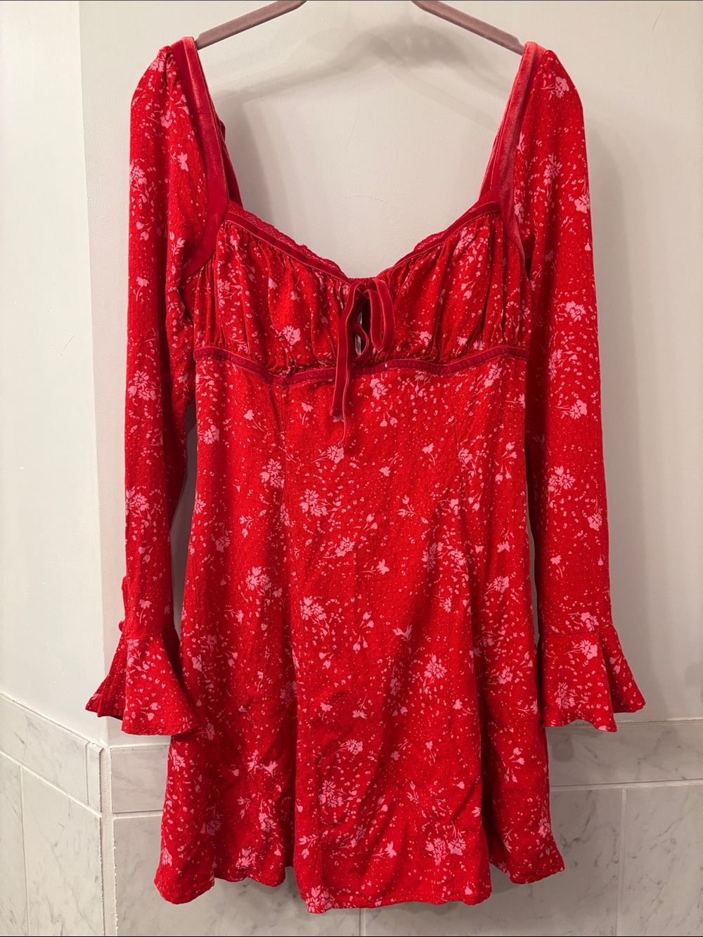Free People Red Floral Tie-Front Smocked Tunic